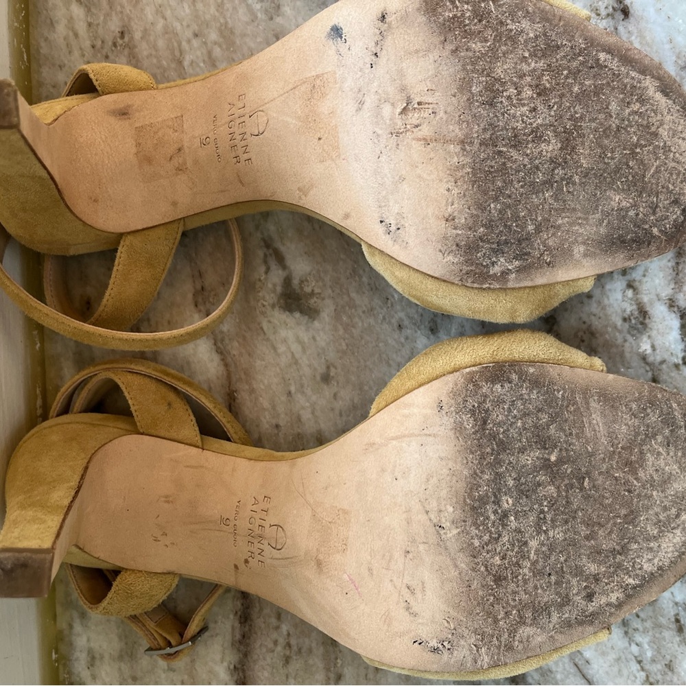 Yellow Honey Suede Leather MARTANA Etienne Aigner Ankle Wrap Heeled Sandals Sz 9 - Picture 9 of 9